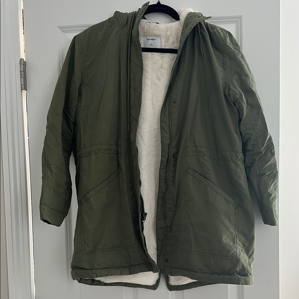 Old Navy Olive Green Hooded Parka with White “Fur”Lining